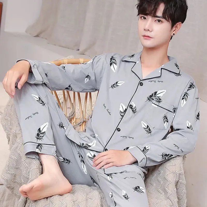 Men's Spring and Autumn Cotton Pajamas Long-Sleeved Set