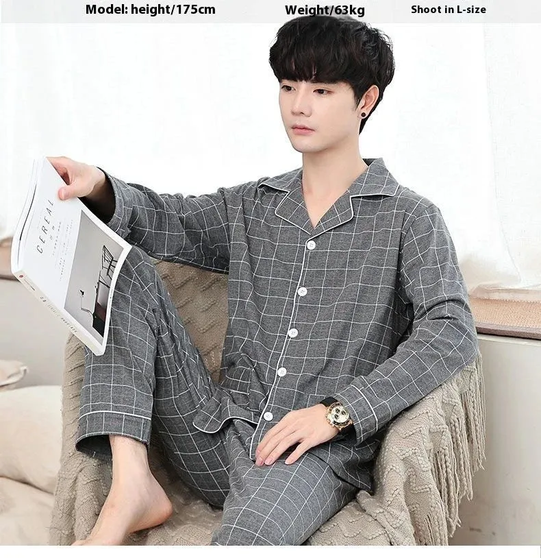 Men's Spring and Autumn Cotton Pajamas Long-Sleeved Set