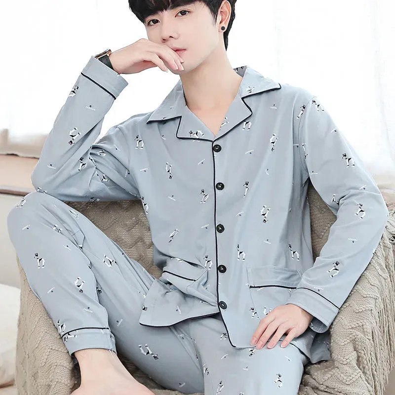 Men's Spring and Autumn Cotton Pajamas Long-Sleeved Set