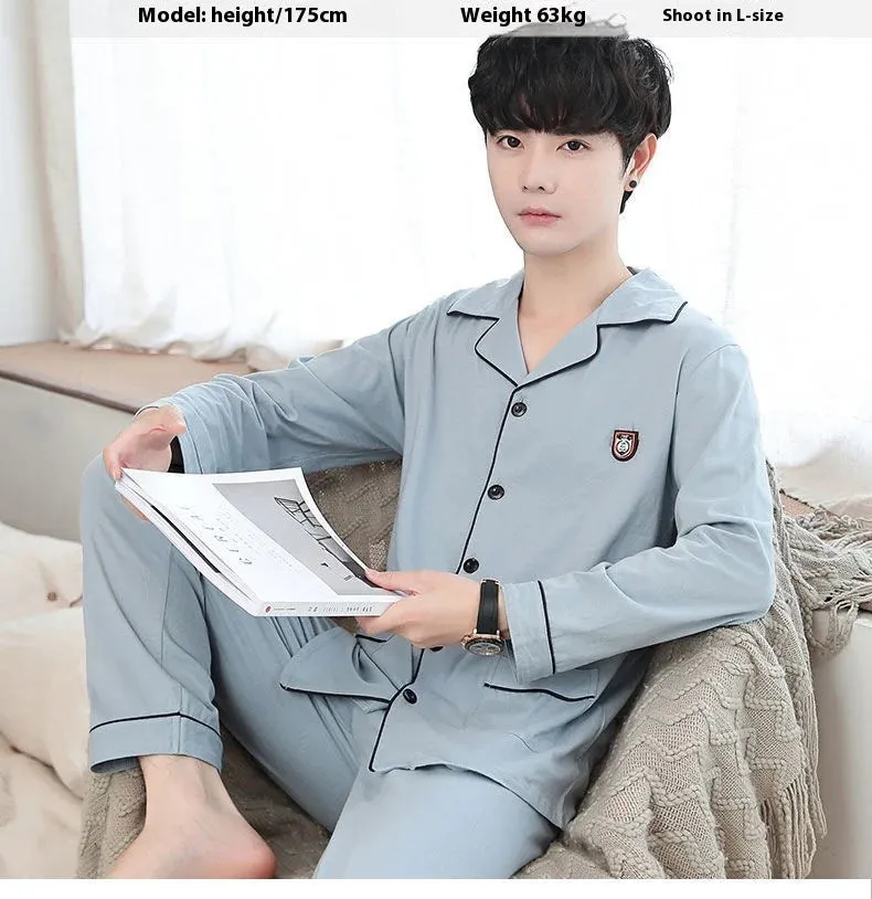 Men's Spring and Autumn Cotton Pajamas Long-Sleeved Set