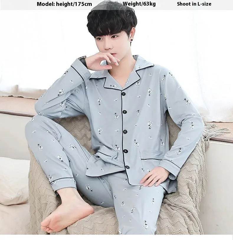 Men's Spring and Autumn Cotton Pajamas Long-Sleeved Set
