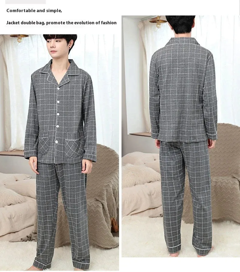 Men's Spring and Autumn Cotton Pajamas Long-Sleeved Set