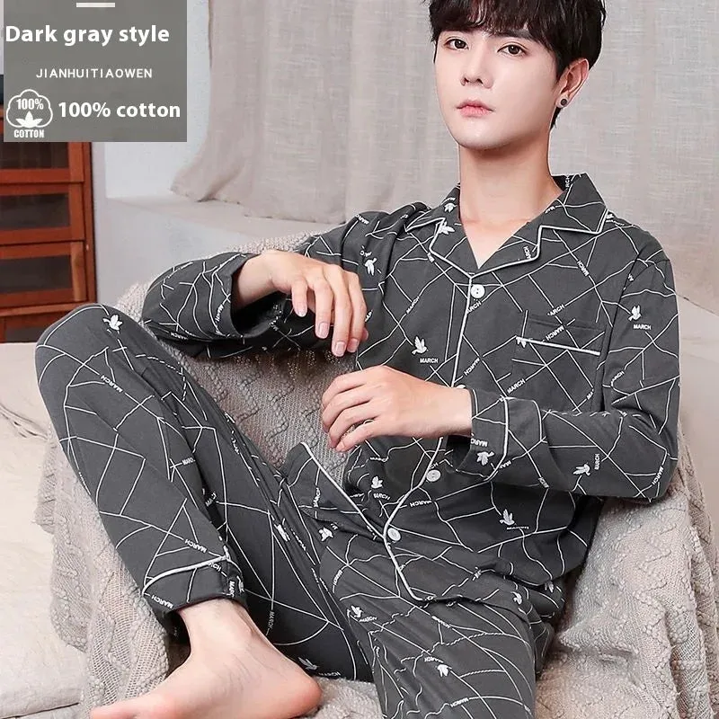 Men's Spring and Autumn Cotton Pajamas Long-Sleeved Set