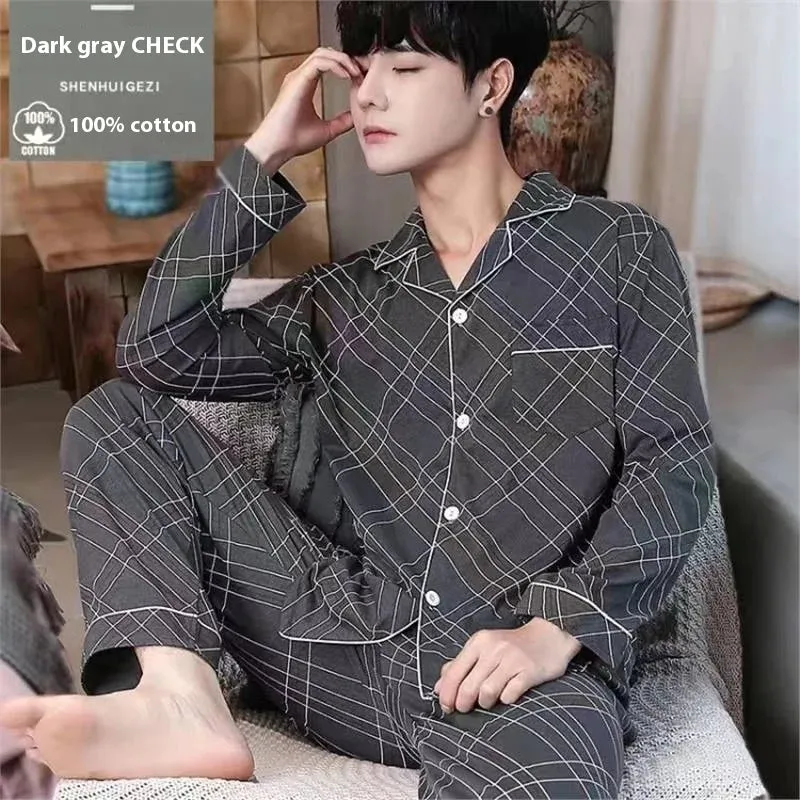 Men's Spring and Autumn Cotton Pajamas Long-Sleeved Set