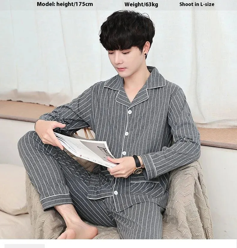 Men's Spring and Autumn Cotton Pajamas Long-Sleeved Set