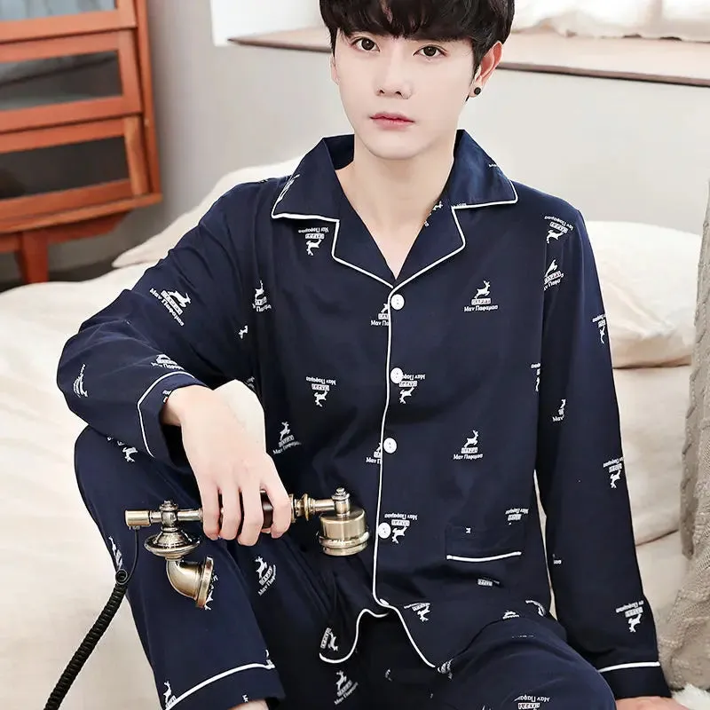 Men's Spring and Autumn Cotton Pajamas Long-Sleeved Set