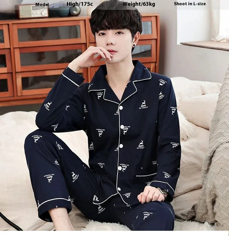 Men's Spring and Autumn Cotton Pajamas Long-Sleeved Set