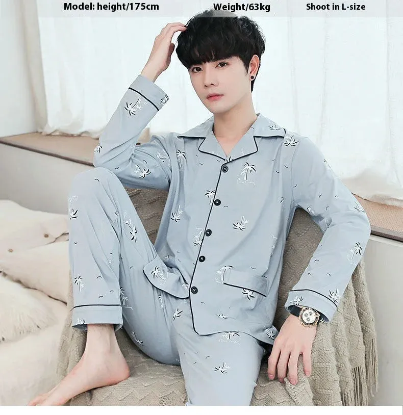 Men's Spring and Autumn Cotton Pajamas Long-Sleeved Set