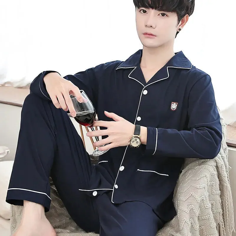 Men's Spring and Autumn Cotton Pajamas Long-Sleeved Set