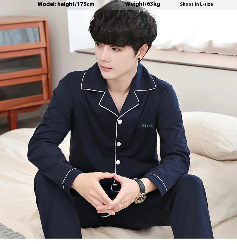 Men's Spring and Autumn Cotton Pajamas Long-Sleeved Set