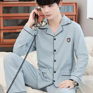 Men's Spring and Autumn Cotton Pajamas Long-Sleeved Set