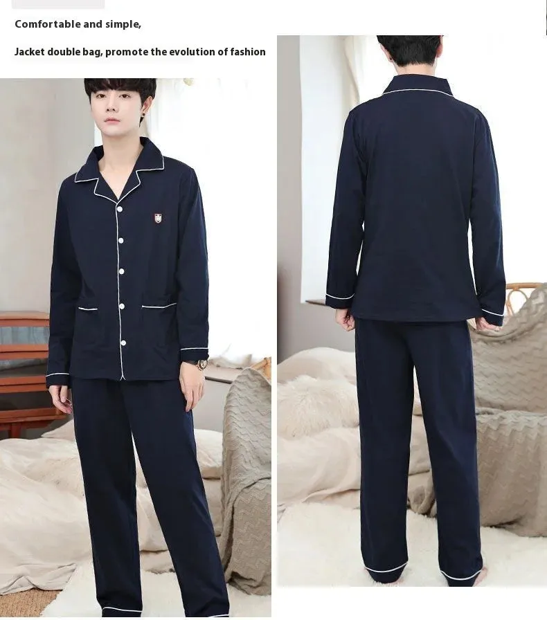 Men's Spring and Autumn Cotton Pajamas Long-Sleeved Set