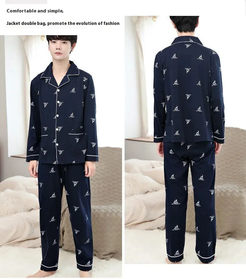 Men's Spring and Autumn Cotton Pajamas Long-Sleeved Set