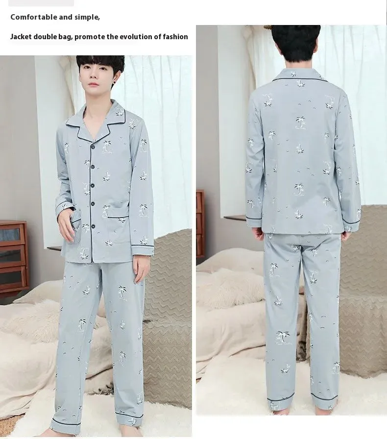 Men's Spring and Autumn Cotton Pajamas Long-Sleeved Set