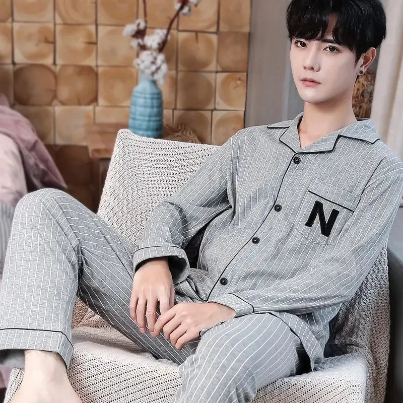 Men's Spring and Autumn Cotton Pajamas Long-Sleeved Set