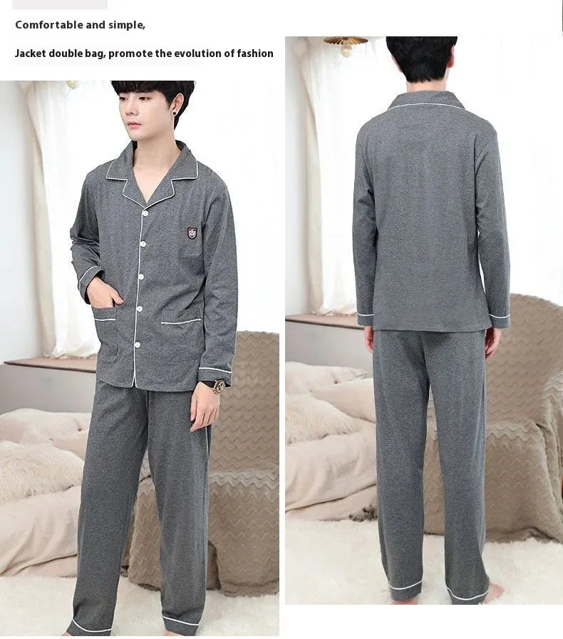 Men's Spring and Autumn Cotton Pajamas Long-Sleeved Set