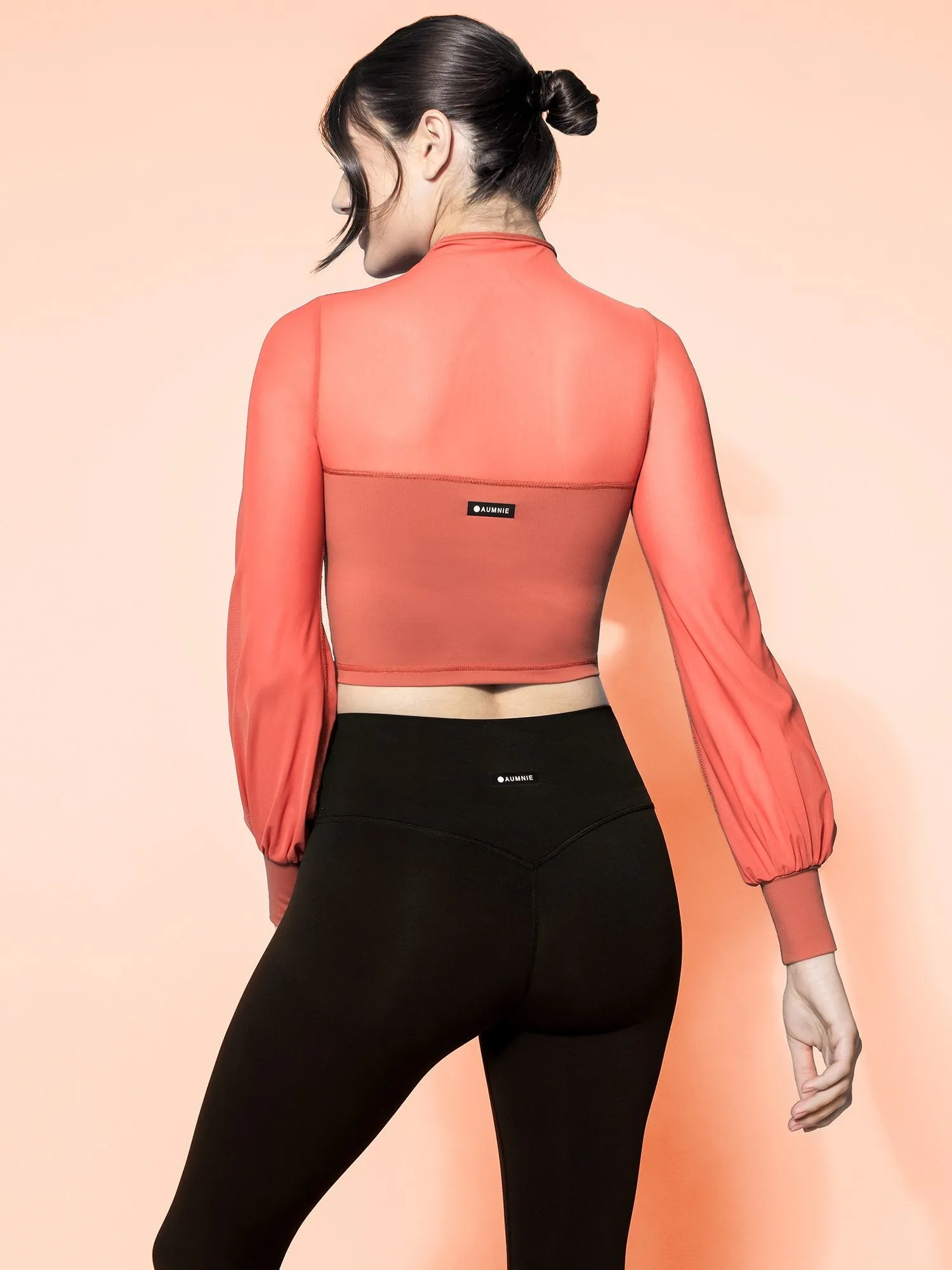 MESH ILLUSION PUFF SLEEVE CROP TOP, MAPLE/MAPLE MESH