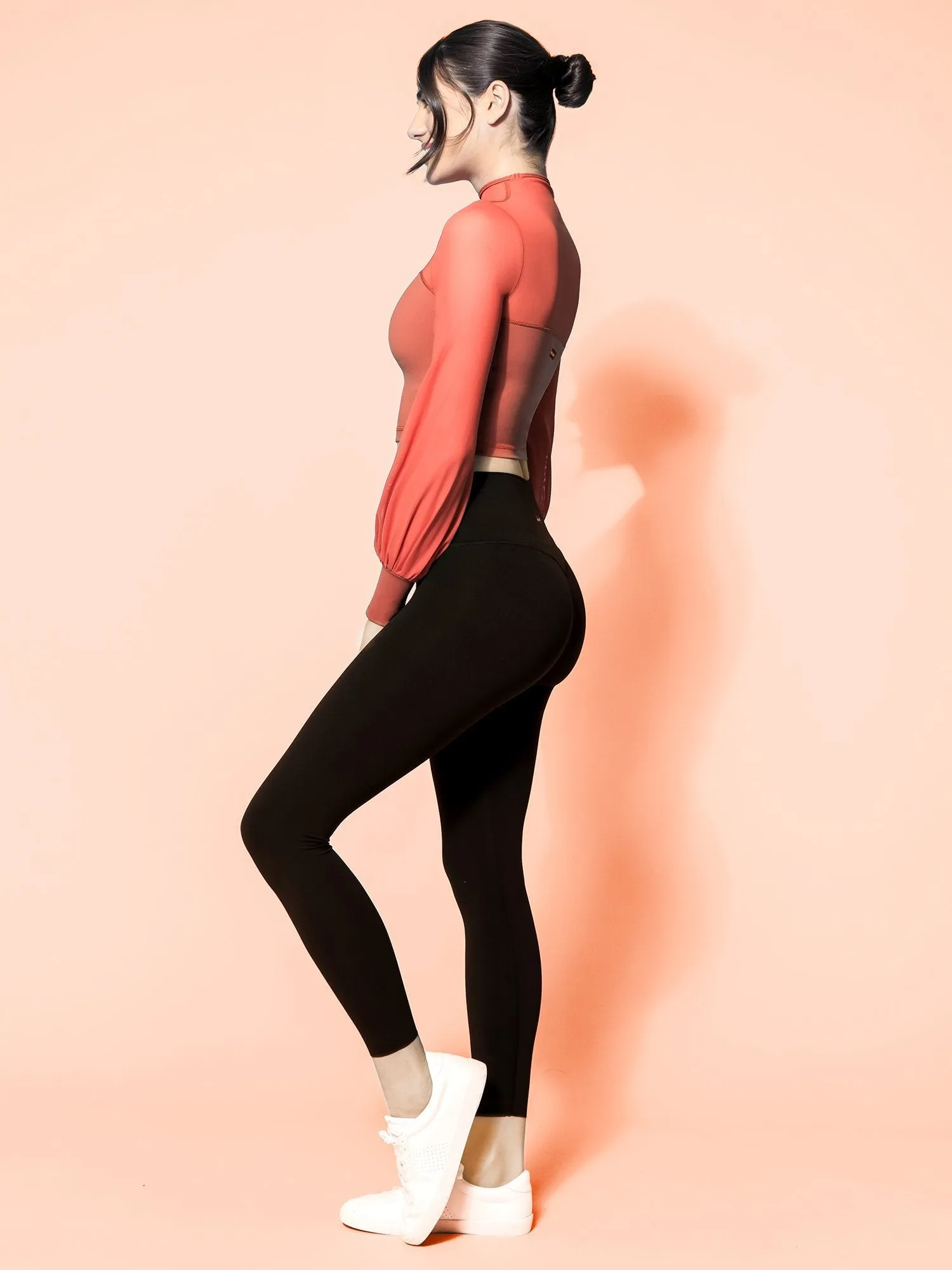MESH ILLUSION PUFF SLEEVE CROP TOP, MAPLE/MAPLE MESH