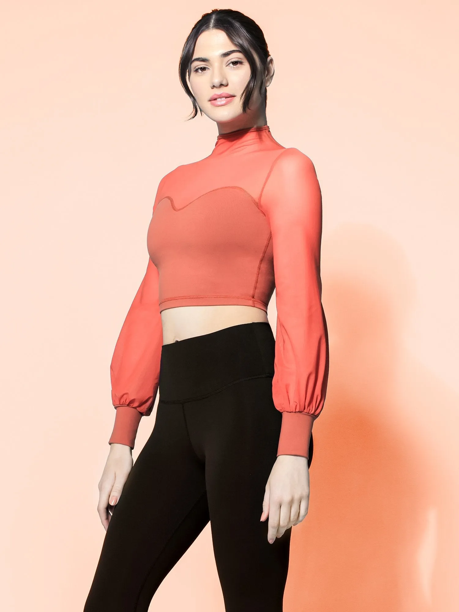 MESH ILLUSION PUFF SLEEVE CROP TOP, MAPLE/MAPLE MESH