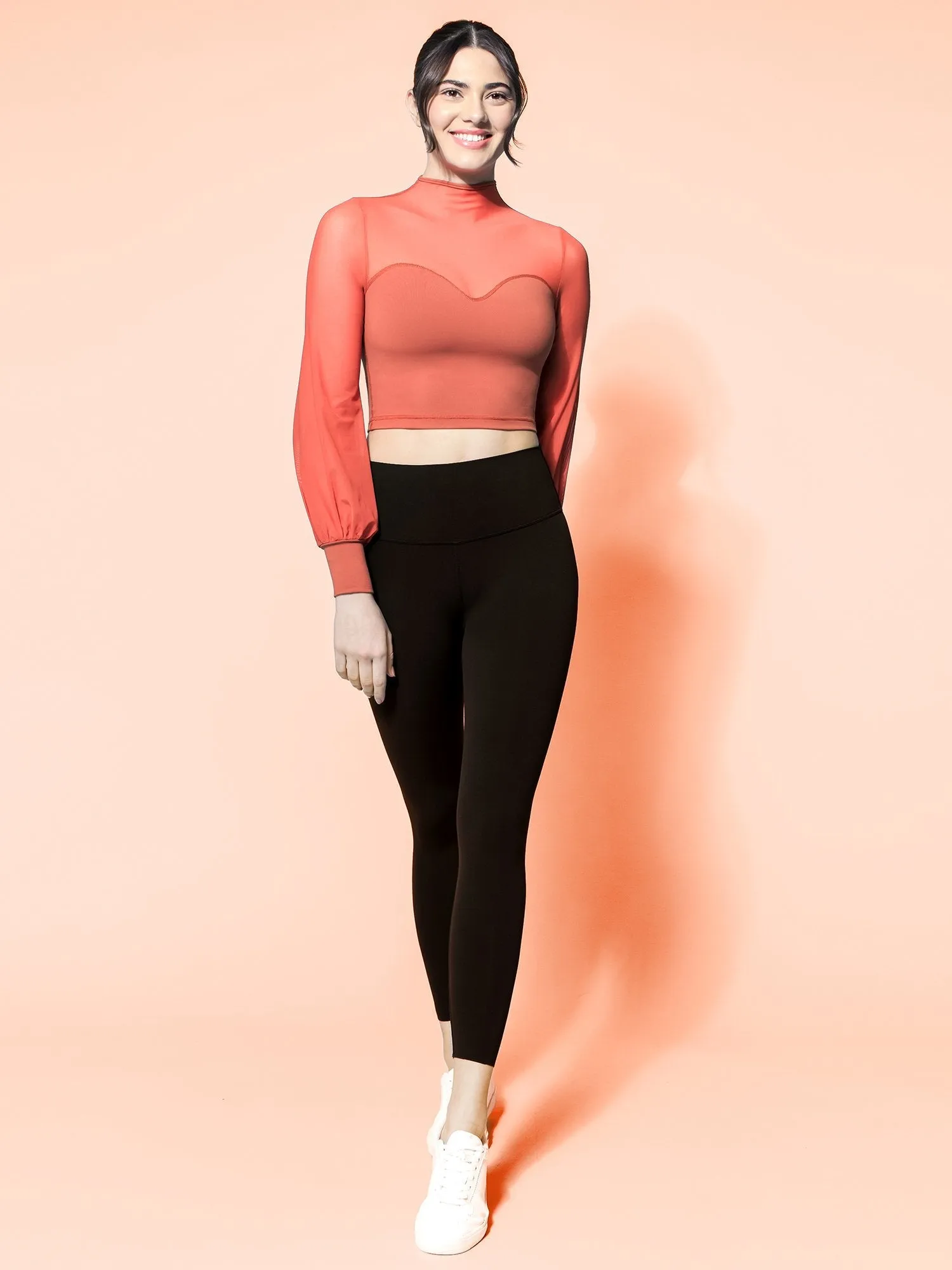 MESH ILLUSION PUFF SLEEVE CROP TOP, MAPLE/MAPLE MESH