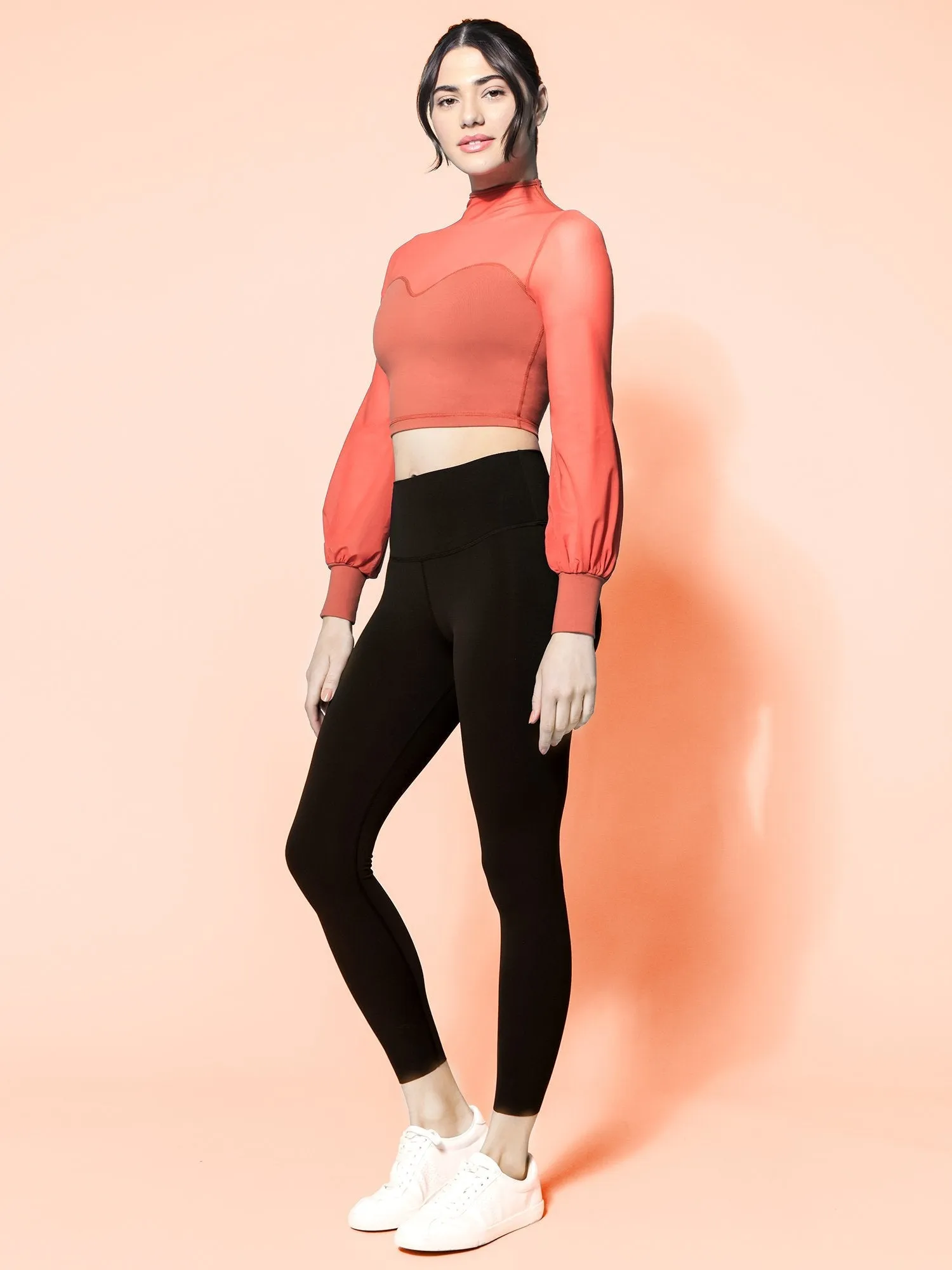 MESH ILLUSION PUFF SLEEVE CROP TOP, MAPLE/MAPLE MESH