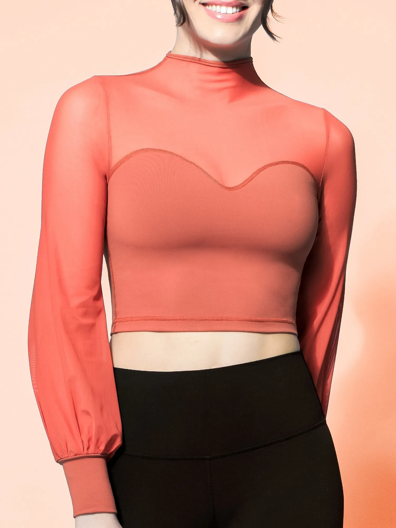MESH ILLUSION PUFF SLEEVE CROP TOP, MAPLE/MAPLE MESH