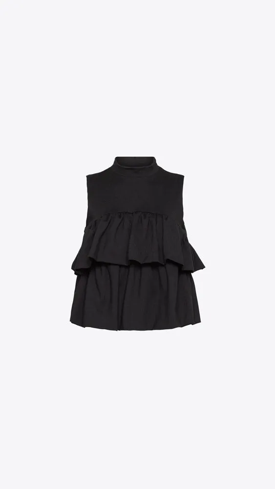 Mock Neck Gathered Tier Top - Black