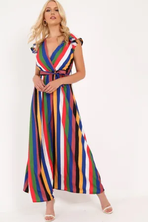 Multi Stripe Wrap Frill Sleeve Maxi Dress - Hyacinth
