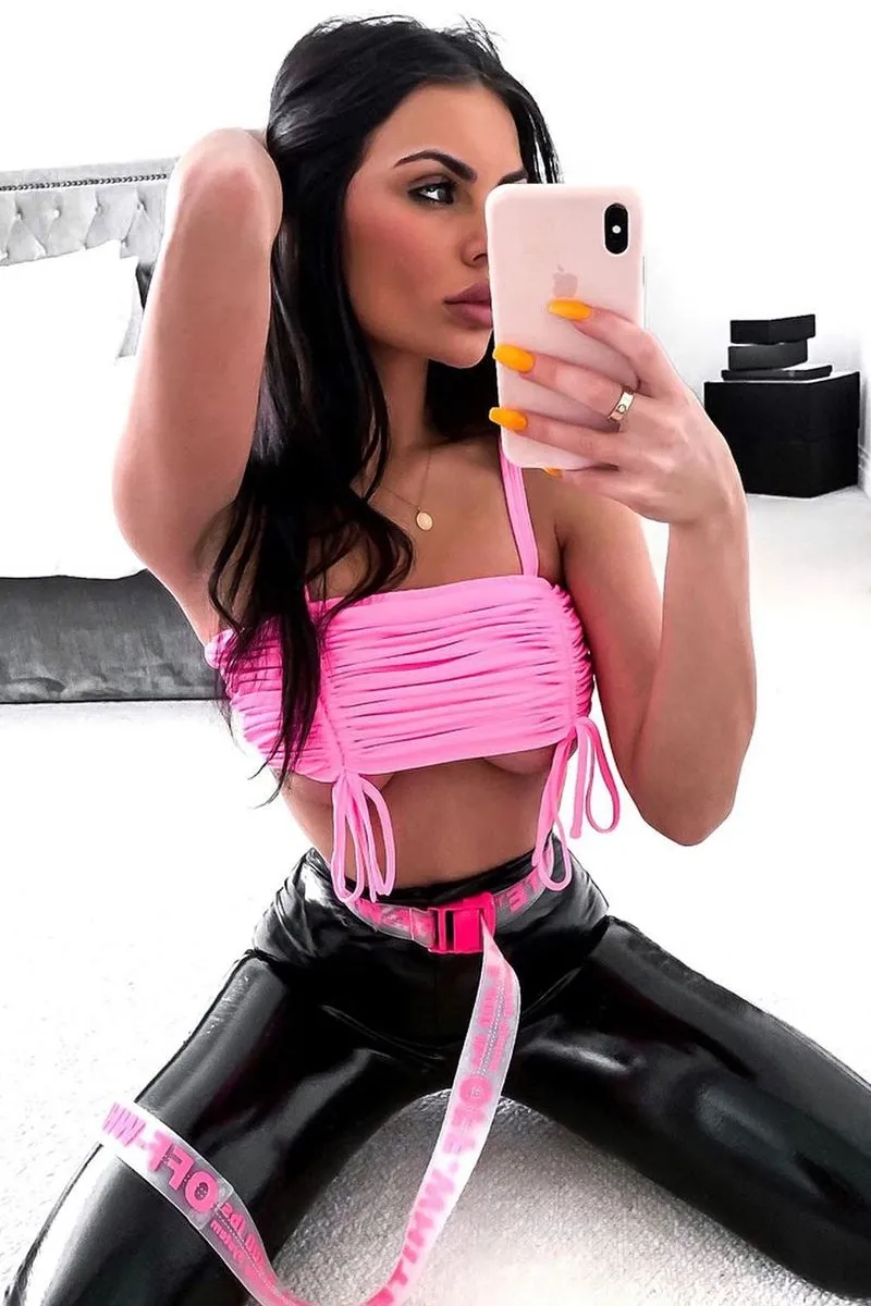 Neon Pink Slinky Ruched Detail Crop Top - Bellah
