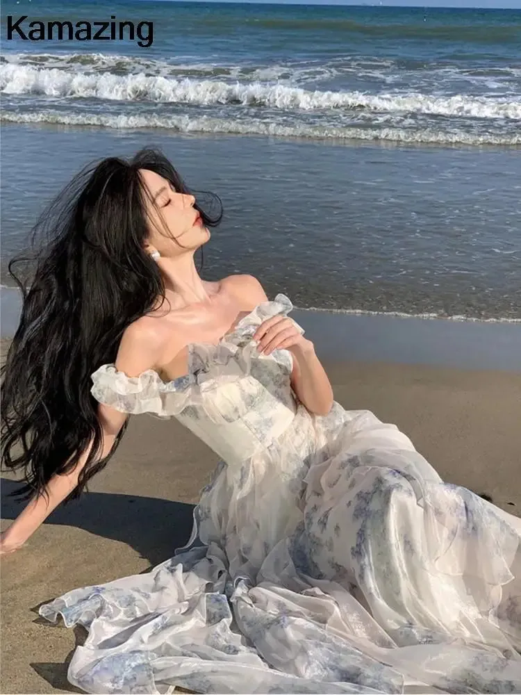 New Fashion Bohemian Print Long Maxi Dress French Design Elegant Ruffles Strap Beach Holiday Party A-Line Dress