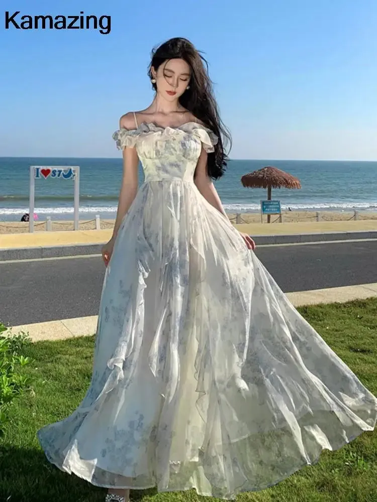 New Fashion Bohemian Print Long Maxi Dress French Design Elegant Ruffles Strap Beach Holiday Party A-Line Dress
