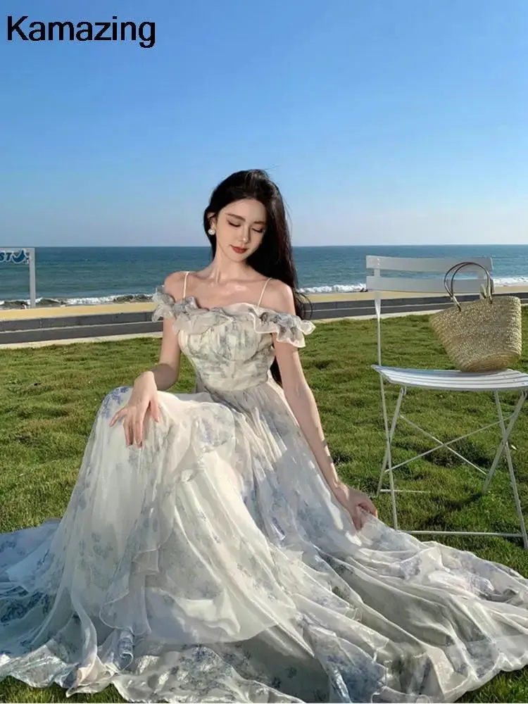 New Fashion Bohemian Print Long Maxi Dress French Design Elegant Ruffles Strap Beach Holiday Party A-Line Dress