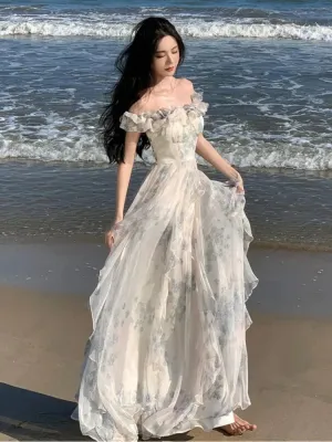 New Fashion Bohemian Print Long Maxi Dress French Design Elegant Ruffles Strap Beach Holiday Party A-Line Dress