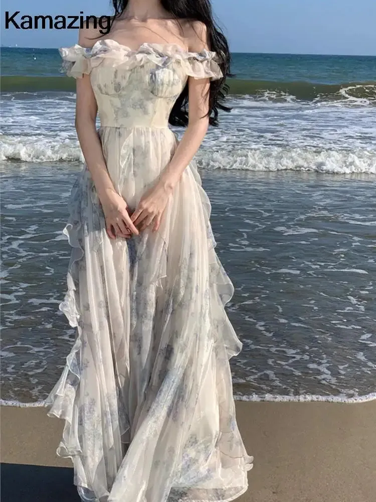 New Fashion Bohemian Print Long Maxi Dress French Design Elegant Ruffles Strap Beach Holiday Party A-Line Dress