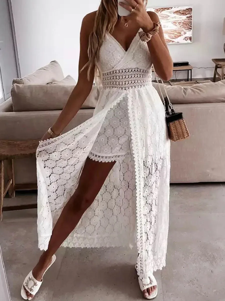 New Fashion Long Beach Dress Spaghetti Straps Boho Sleeveless Hollow Out Floral Lace Party Summer Dresses