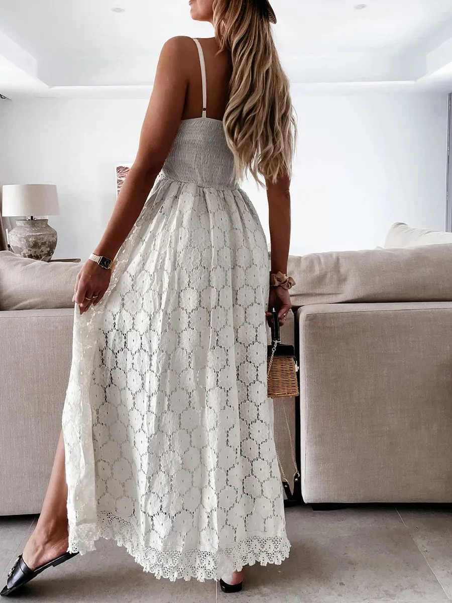 New Fashion Long Beach Dress Spaghetti Straps Boho Sleeveless Hollow Out Floral Lace Party Summer Dresses