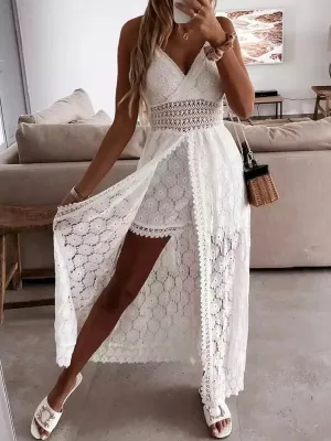 New Fashion Long Beach Dress Spaghetti Straps Boho Sleeveless Hollow Out Floral Lace Party Summer Dresses