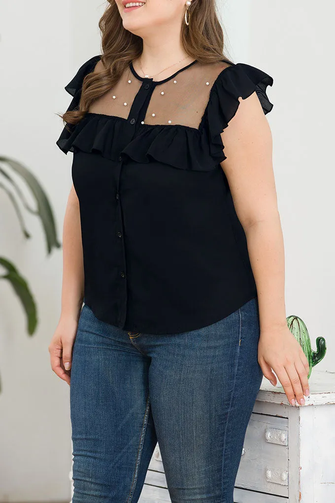 New Wooden Ear Beaded Mesh Stitching Fashion Large Size Women's Sleeveless Shirt