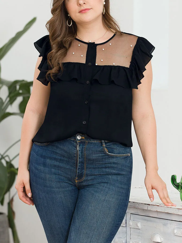 New Wooden Ear Beaded Mesh Stitching Fashion Large Size Women's Sleeveless Shirt
