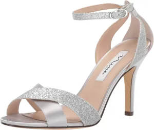NINA Womens Glitter Satin Heel Sandals Silver 8 Medium (B,M)