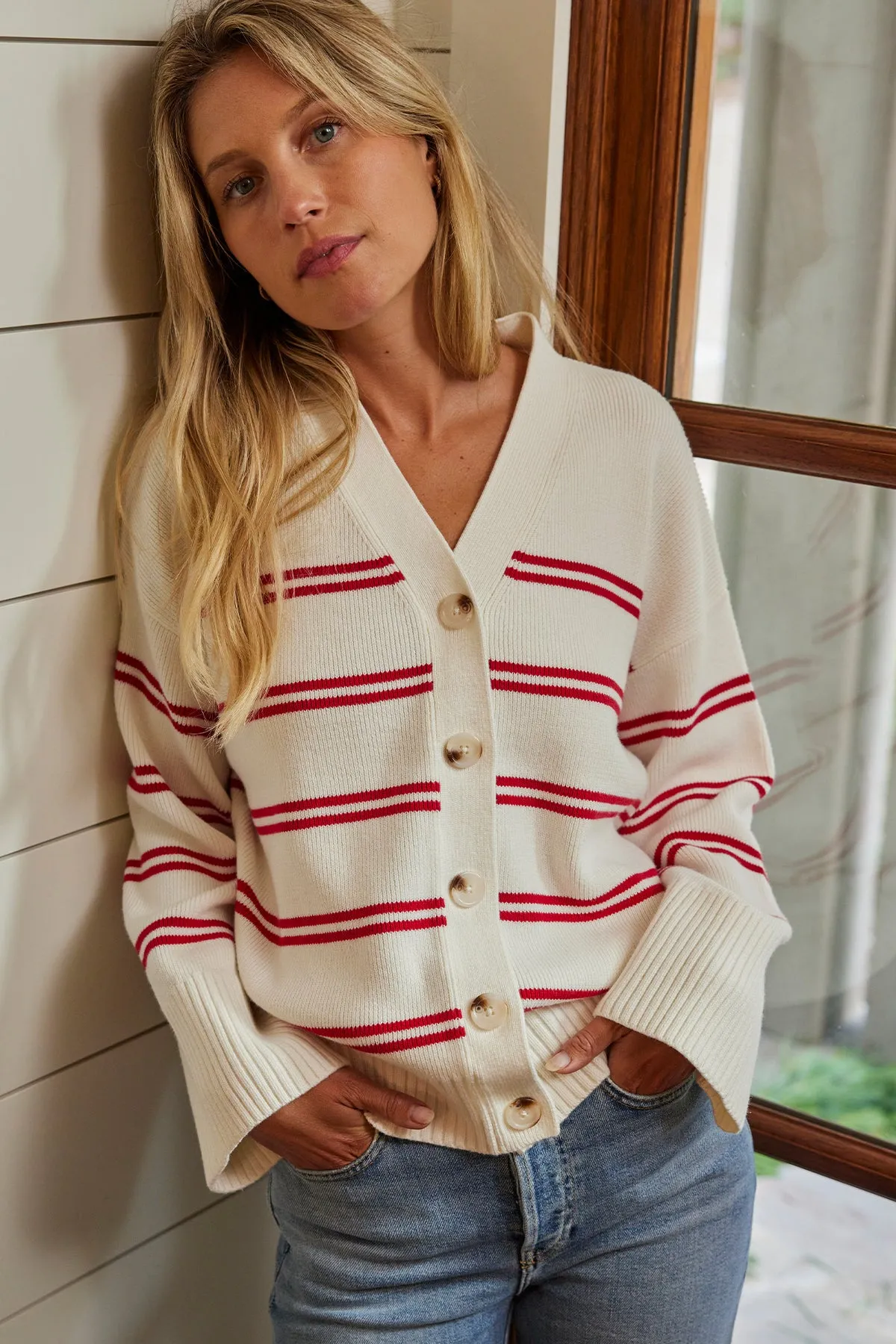 Nora Cotton Cardigan in Ivory Red Stripe