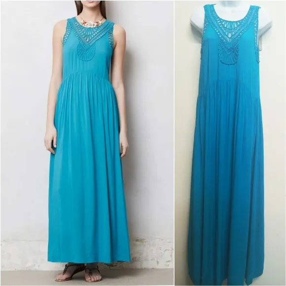 NWT Anthropologie Mermaid Sea Teal Blue Macrame Maxi Dress XS