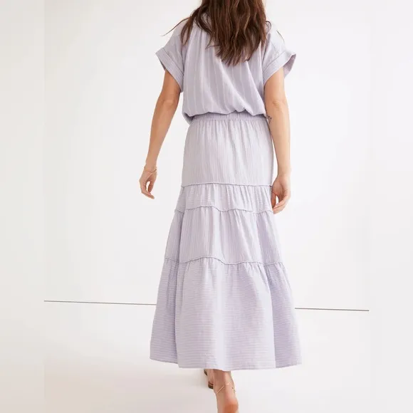 NWT Madewell Linen-Blend Pull-On Tiered Maxi Skirt in Stripe Lavender Womens XL