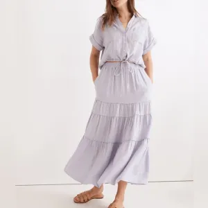 NWT Madewell Linen-Blend Pull-On Tiered Maxi Skirt in Stripe Lavender Womens XL