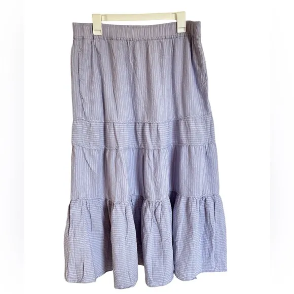 NWT Madewell Linen-Blend Pull-On Tiered Maxi Skirt in Stripe Lavender Womens XL