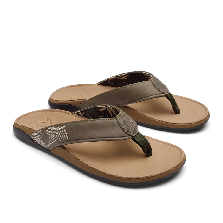 OluKai Mens Tuahine Waterproof Leather Sandals - Hunter / Golden Sand