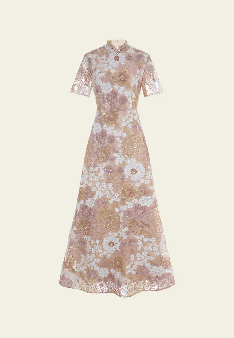 Oriental Stand-collar Embellished Maxi Dress