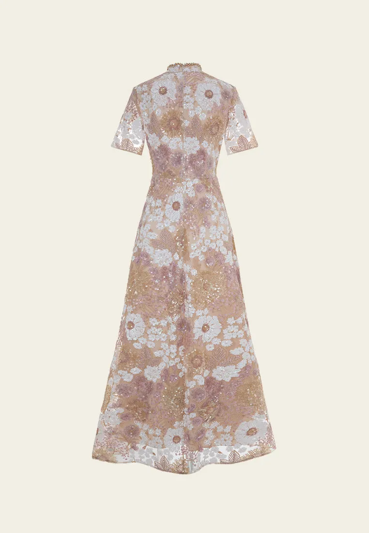 Oriental Stand-collar Embellished Maxi Dress