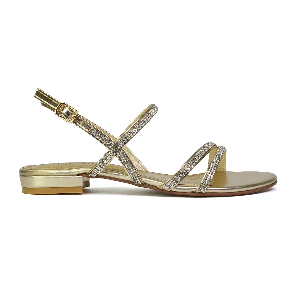 Orla Buckle Strappy Summer Sparkly Bridal Flat Diamante Sandals in Black