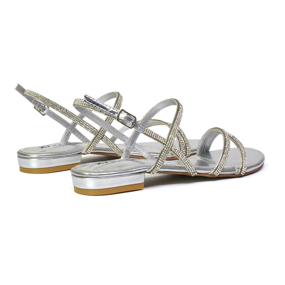 Orla Buckle Strappy Summer Sparkly Bridal Flat Diamante Sandals in Black